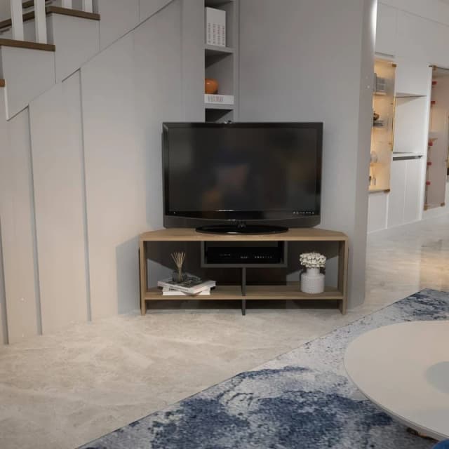 Decorotika Maldives Corner TV Stand TV Cabinet TV Unit with Open Shelves in Light Brown Light Brown Unisex