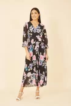 Black Floral Pleated Wrap Midi Dress