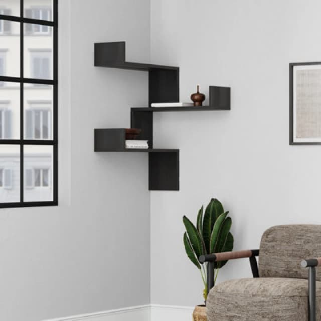 Decortie Wall-mounted Floating Corner Shelf 22X60X90Cm Particleboard Black Wood, Black 8683628020333