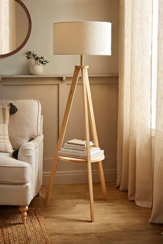ValueLights Morrigan Light Wood Tripod Floor with Boucle Shade Cream