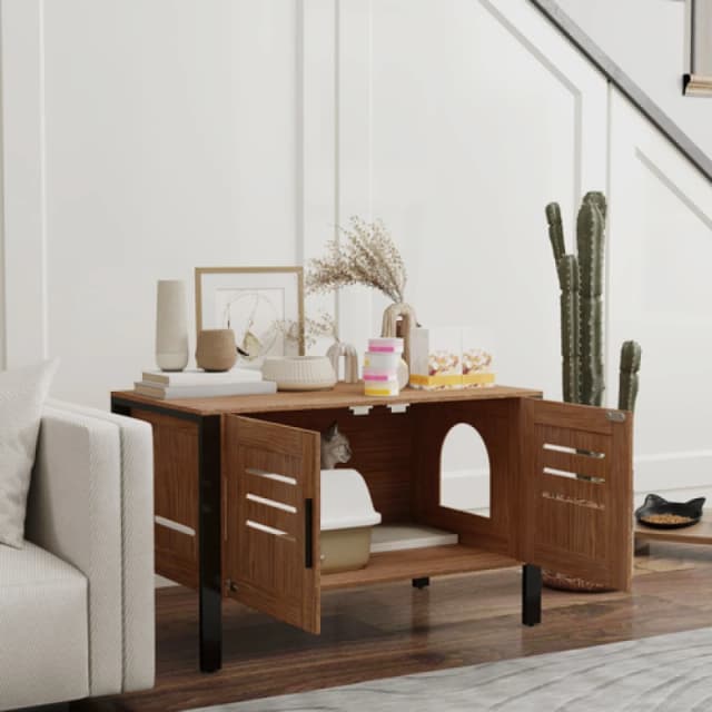 PawHut Cat Litter Box Enclosure w/ Tall Legs, Scratching Board, Dark Brown, Brown D31-120V00DR