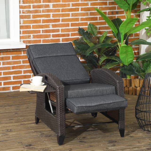 Outsunny Outdoor Recliner Chair w/ Cushion Rattan Reclining Lounge Chair Dark Grey - Outsunny 5056725500764