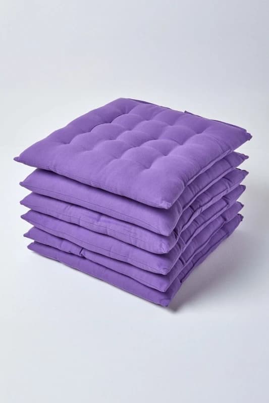 Homescapes Purple Seat Pads 100% Cotton Chair Cushions 40X40 Cm, Set Of 6 Plain Chair Pads For Dining, Kitchen Or Garden Outdoor