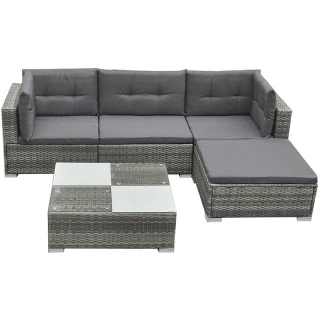 vidaXL Garden Lounge Set 5 Piece with Cushions Poly Rattan Grey Chaise Lounge