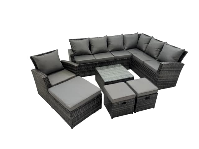 Fimous 10 Seater Garden Sofa Coffee Table Set with Chair 3 Footstools in Dark Grey Dark Grey Unisex