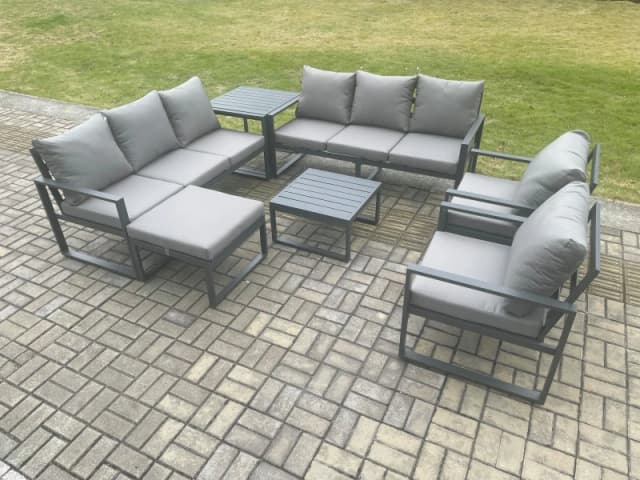 Fimous Aluminium Patio Outdoor Garden Furniture Lounge Sofa Set with Square Coffee Table 2 Chairs Big Footstool Side Table Dark Grey Dark Grey Unisex