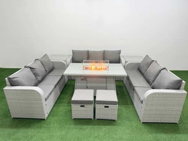 Fimous PE Rattan Lounge Sofa Set 11 Seater Outdoor Garden Furniture Set with Firepit Dining Table 3 Seater Sofa 2 Stools 2 Side Table Light Grey Light