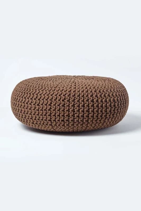 Homescapes Chocolate Brown Large Round Cotton Knitted Pouffe Footstool
