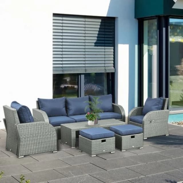 Outsunny Outsunny 6pc Padded Outdoor Rattan Wicker 3-Seat Sofa Recliner Footstool Table