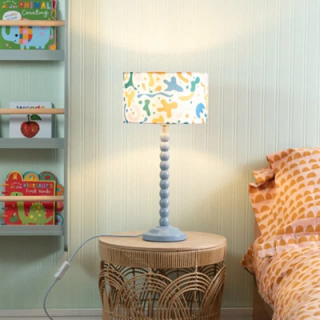 ValueLights Bobbins Powder Blue Table Lamp with Abstract Shapes Drum Lamp Shade Multi