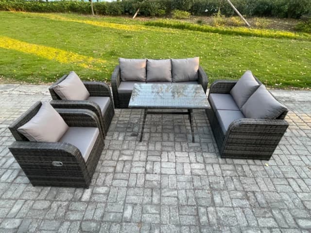 Fimous 7 Seater High Back PE Rattan Sofa Set Outdoor Garden Furniture Dining Table Set With Reclining Chair 3 Seater Sofa Dark Grey