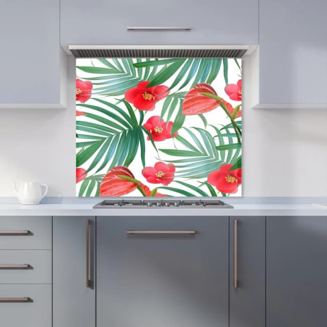 Warren Reed - Designer Tropical Flowers, Palm Leaves Hawaiian Kitchen Splashback in Green Size: 600mm x 750mm Green Unisex 600mm x 750mm