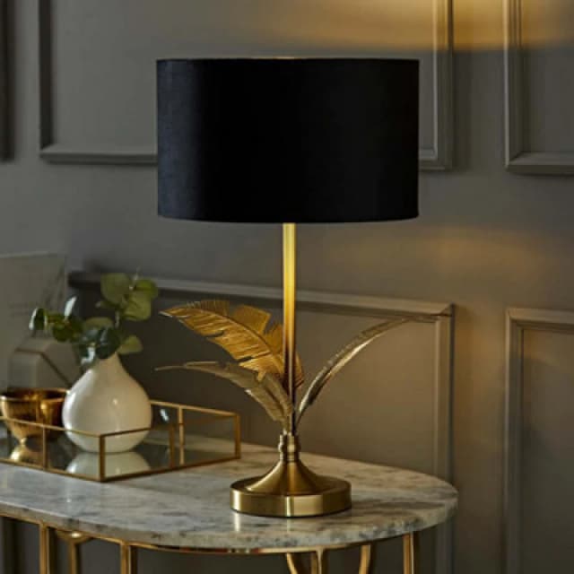 ValueLights ValueLights Christina Velvet with Gold Metallic Inner Drum Shade Gold Palm Leaf Table Lamp in Black One Size Unisex 5059406065347