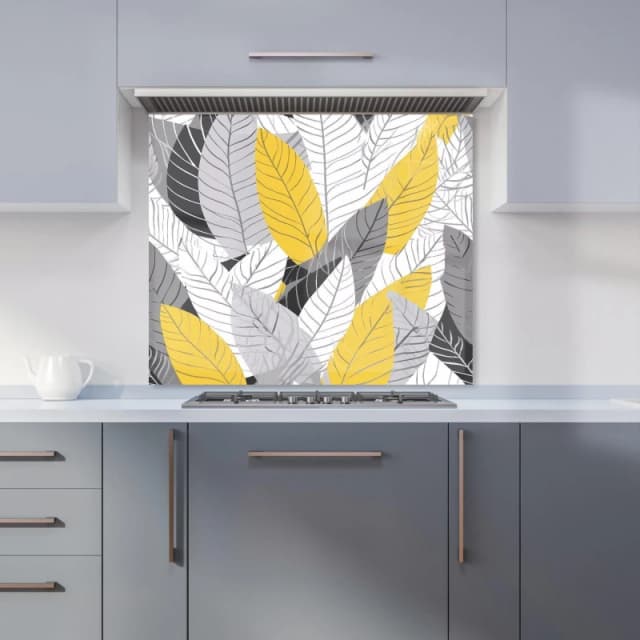 Warren Reed - Designer Yellow Grey Feather Leaves Kitchen Splashback Size: 600mm x 750mm Yellow Unisex 600mm x 750mm
