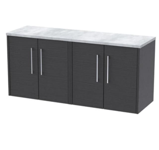 Nuie Hudson Reed Juno Wall Hung 4-Door Vanity Unit & Bellato Grey Worktop, Countertop Basin Unit In Graphite Grey Woodgrain, 1200mm