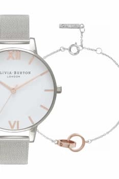 Olivia Burton Watch with a White Dial with Rose Gold detailing & Silver Mesh strap with a Classic Chain Bracelet in Silver & Rose Gold OBGSET53