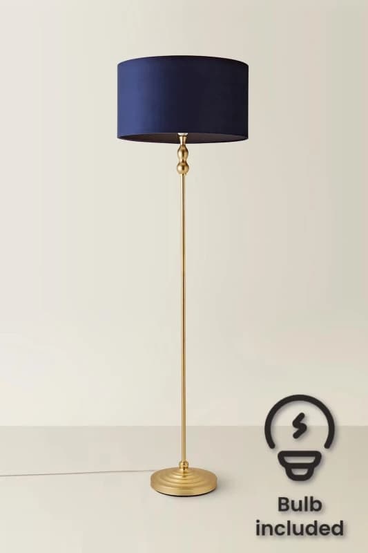 ValueLights Maggie Gold Candlestick Floor Lamp with Velvet Lamp Shade and LED Bulb Navy