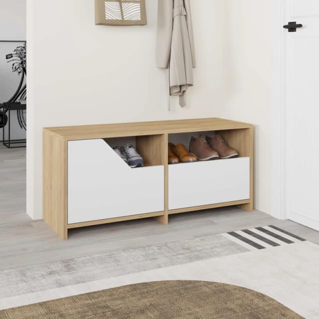 Decortie Nexus' Modern Shoe Cabinet 105cm 2-Door Storage with Open Shelf in Natural Size: 1 Pack Natural Unisex 1 Pack