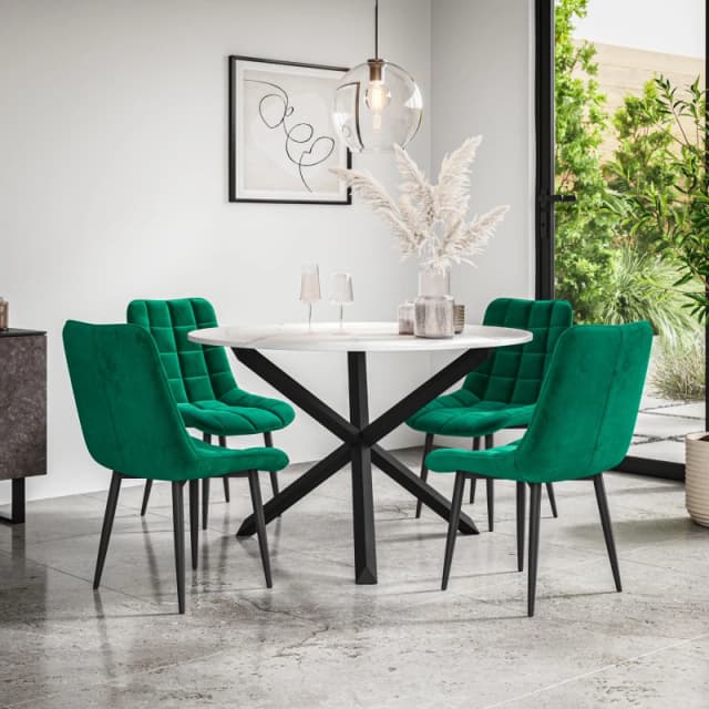 More4Homes Malvern Round Dining Table And Chairs - Marble Table Top W Solid Black Oak Legs + Nova Velvet Dining Chair Set Of 4 (Green)