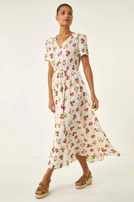 Roman Womens Floral Print Buttoned Midi Dress in Ivory Size: 20 Ivory Female 20