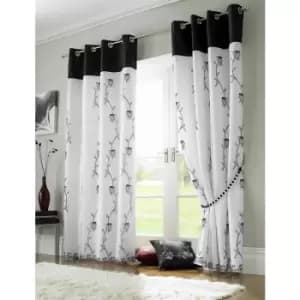 Tahiti Eyelet Curtains Embroidered Lined Voile Black/White 56x90 - White