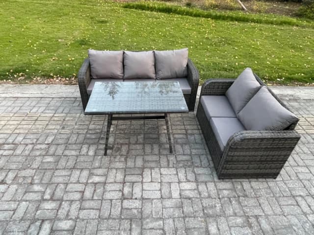 Fimous High Back PE Rattan Sofa Set Outdoor Garden Furniture Dining Table Set Love Sofa 3 Seater Sofa Dark Grey