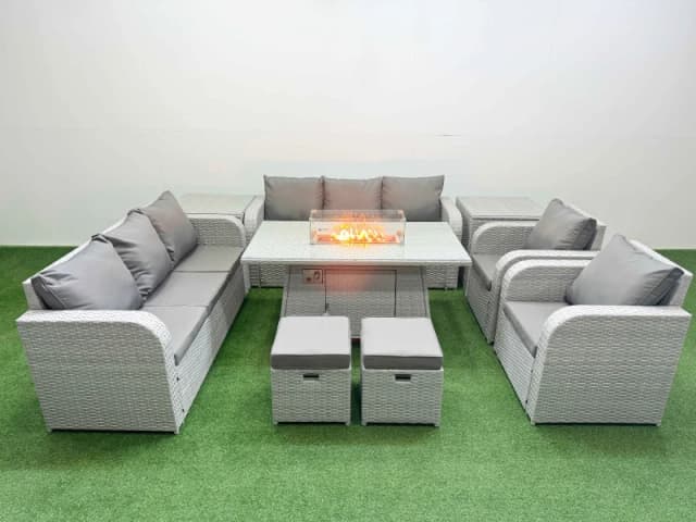 Fimous PE Rattan High Back Lounge Sofa Set Patio Firepit Dining Table & Chairs Set with 3 Seater Sofa Reclining Chair Stools 2 Side Table Light Grey L