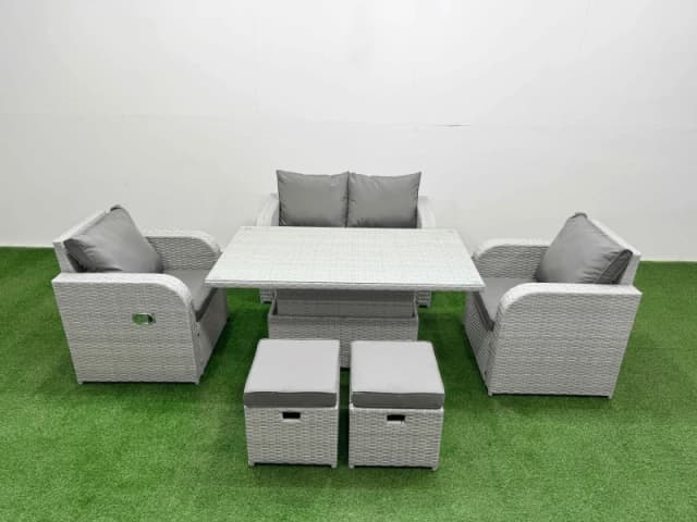 Fimous Light Grey PE Wicker Rattan Garden Furniture Set Sofa Set Reclining Chair Adjustable Lifting Dining or Coffee Table 6 Seater 2 Small Stools Lig