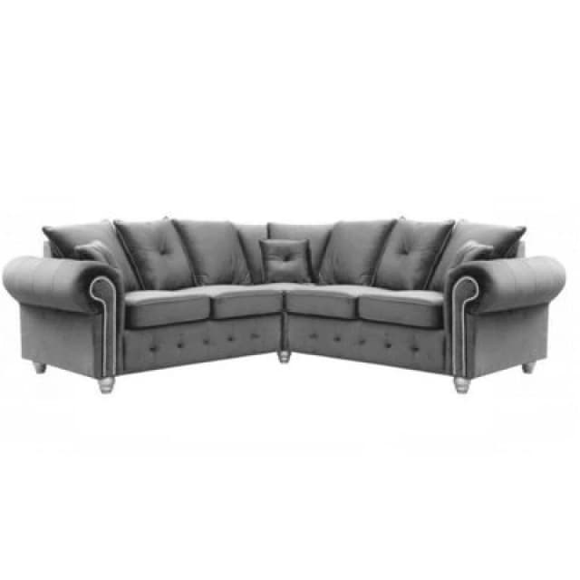 Furnishings For Less UK Zoey Grey Plush Velvet Fabric 5 Seater L Shaped Corner Sofa Chesterfield Design