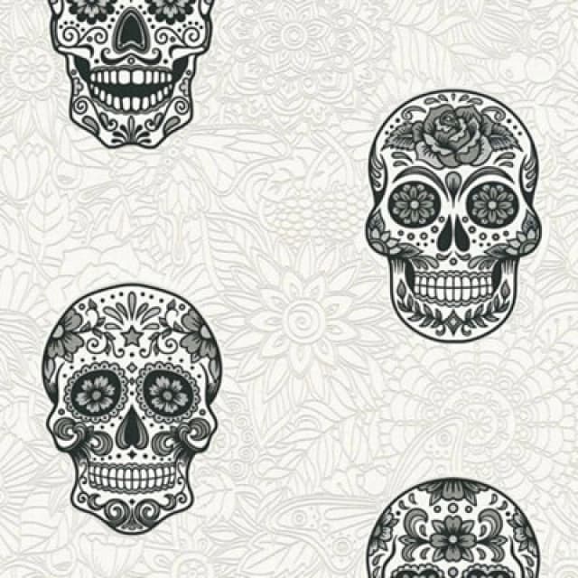 A.S. Creation Gothic Skull Floral Flowers Tattoo Textured Embossed Vinyl Wallpaper White