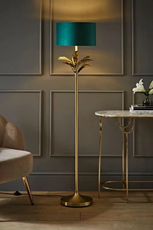 ValueLights ValueLights Christina Velvet with Gold Metallic Inner Drum Shade Gold Palm Leaf Floor Lamp in Bottle Green Bottle Green One Size Unisex 50