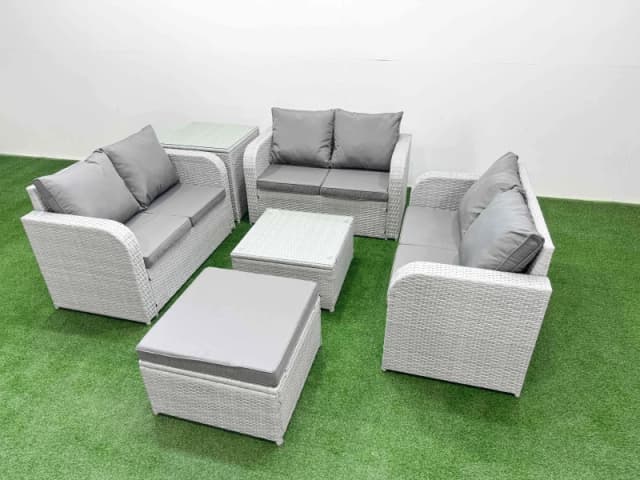 Fimous 7 Seater PE Wicker Rattan Furniture Sofa Sets with Square Coffee Table 2 Seater Love Sofa Big Footstool Side Table Light Grey Light Grey
