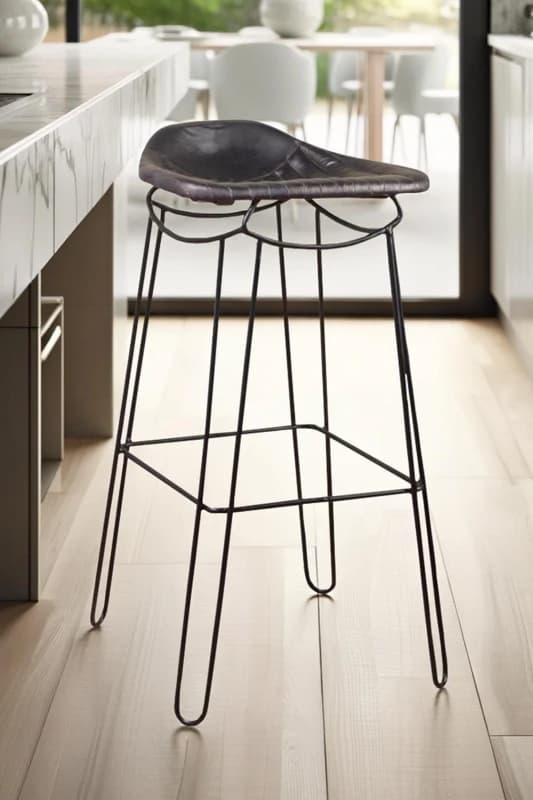 FWStyle FWStyle Genuine Black Leather Bar Stool Metal Frame Ready Assembled Black One Size Unisex 5056413127532