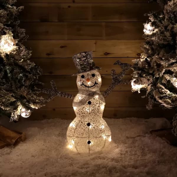 62cm Battery Operated Silver Glitter Woven Christmas Snowman Decoration with Warm White LEDs