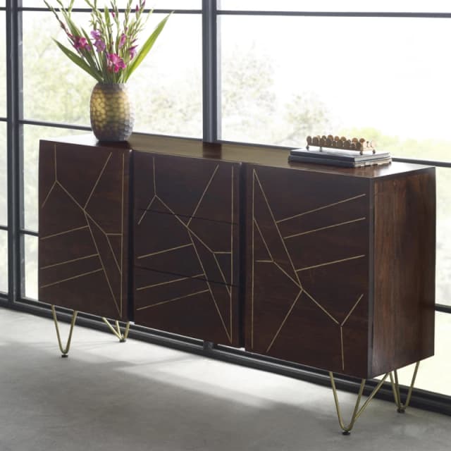 Indian Hub Dark Gold Extra Large Sideboard 3 Drawers And 2 Doors