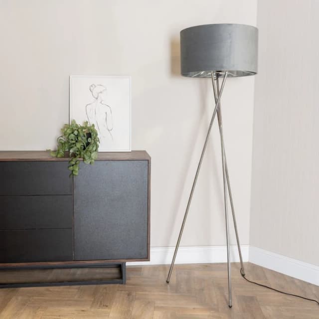 ValueLights ValueLights Camden Chrome Tripod Floor Lamp and Grey Velvet and Chrome Lamp Shade Grey One Size Unisex 5059406060830