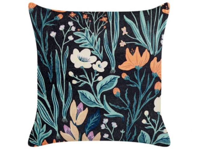 Beliani Throw Cushion Osmunda Velvet 45 X 45cm Black Floral Pattern