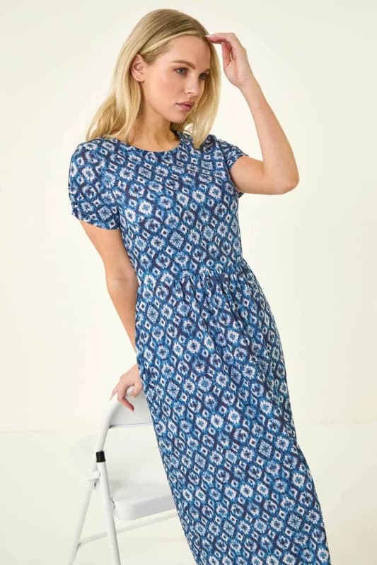 Roman Womens Petite Abstract Gathered Waist Dress in Blue Size: 8 Blue Female 8