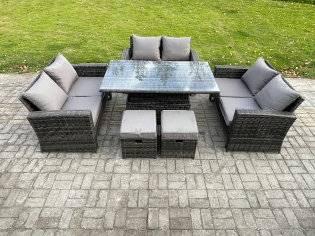 Fimous Wicker PE Rattan Garden Furniture Set Height Adjustable Rising Lifting Table Sofa Dining Set with Double Seat Sofa in Dark Grey Dark Grey Unise