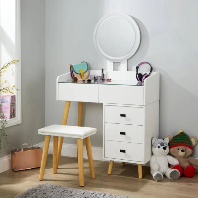 Home Source Dressing Table Vanity Desk Integrated Lighting Mirror Cushioned Stool in White White Unisex