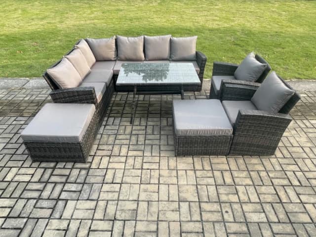 Fimous High Back Outdoor Garden Furniture Set Rattan Corner Sofa Dining Table Set With 2 Big Footstool in Dark Grey Dark Grey Unisex