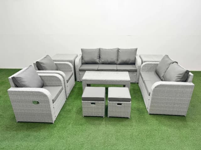 Fimous PE Rattan Garden Furniture Set Adjustable Chair Sofa Double Love Seat 2 Seater Sofa Lounge Set Rectangular Coffee Table 2 Stools 2 Side Table L