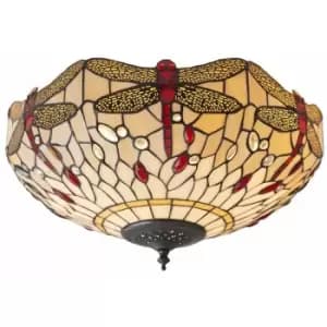 Loops - Tiffany Glass Semi Flush Ceiling Light Dragonfly Round Inverted Shade i00043
