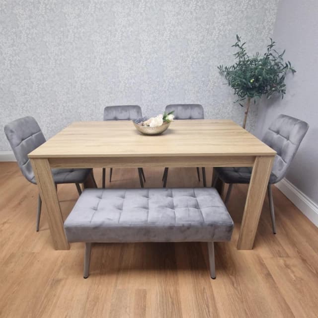 KOSY KOALA KOSY KOALA Dining Table and 4 Chairs With Bench Oak Effect Wood Table 4 Grey Velvet Chairs Dining Room in Beige Beige One Size Unisex 50610