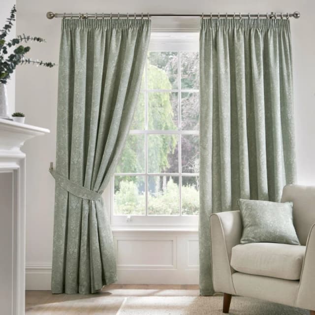 Dreams & Drapes 'Aveline' 100% Cotton Pair of Pencil Pleat Curtains With Tie-Backs Green