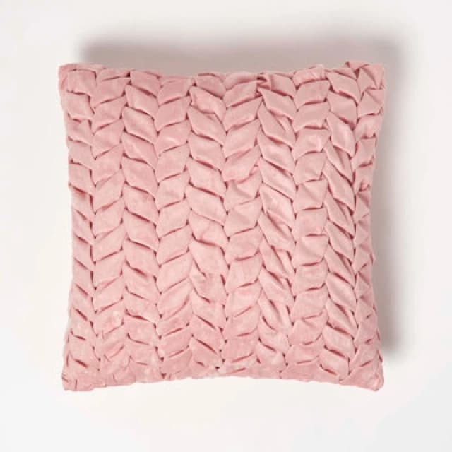 Homescapes Grace Pleated Pink Velvet Cushion