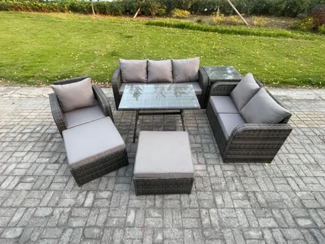 Fimous 7 PCS Outdoor Lounge Sofa Set Wicker PE Rattan Garden Furniture Set with Rectangular Dining Table Armchair 2 Big Footstool Side Table Dark Grey