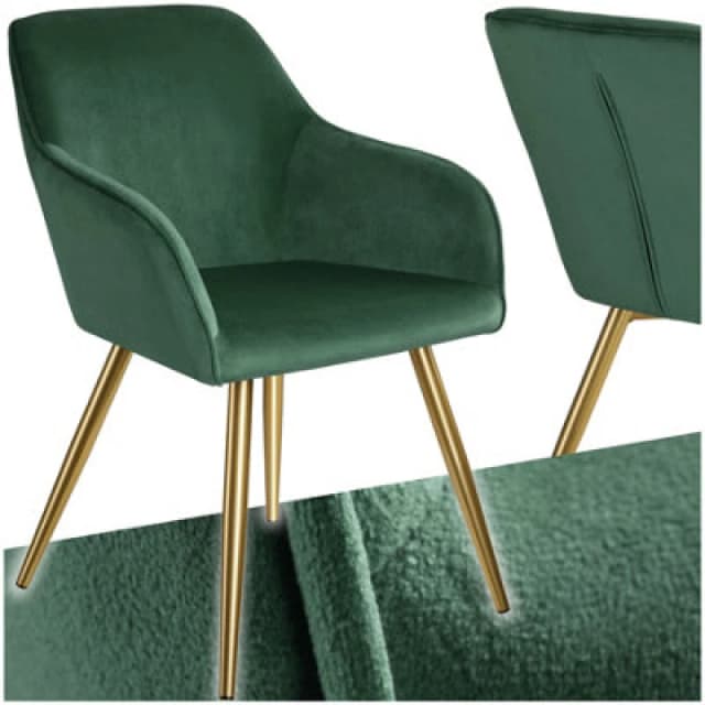 Tectake 1 Chair Marilyn With Velvet Cover, Gold Steel Legs And Plush Padding - Dark Green/gold