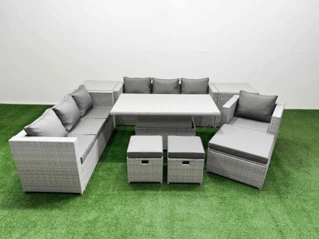 Fimous 8 Pcs Rising Dining Table Set Rattan Furniture Set With 3 Seater Sofa Chair 3 Footstools 2 Side Tables Light Grey