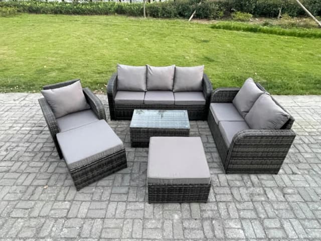Fimous 8 Seater Garden Furniture Set Rattan Outdoor Lounge Sofa Chair With Tempered Glass Table Footstool Dark Grey Mixed Dark Grey